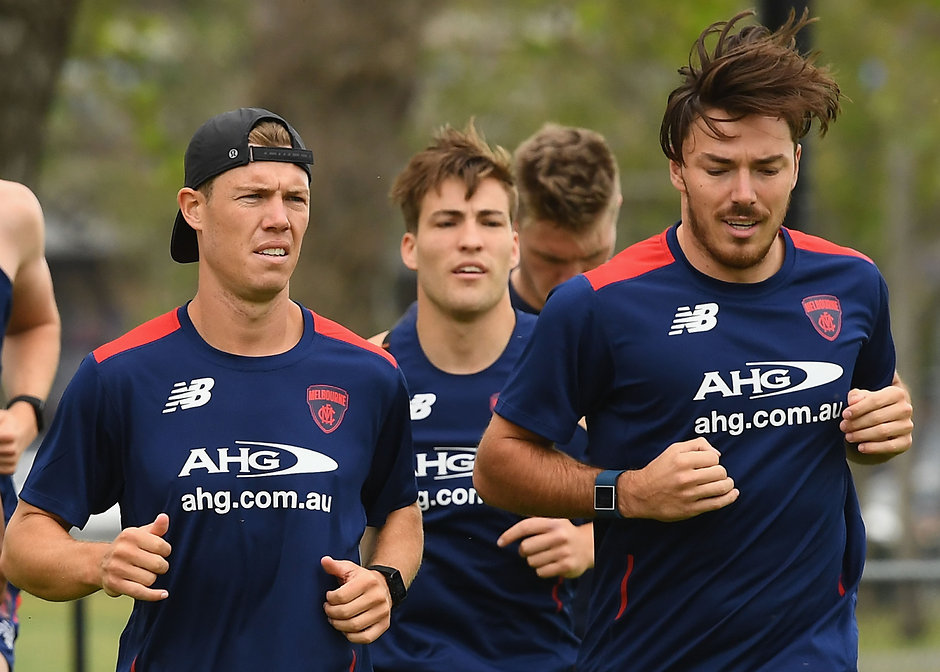 AFL 2016 Training - Melbourne 071116 MELBOURNE, AUSTRALIA - NOVEMBER 07: Jake Melksham and Michael Hibberd of the Demons run laps with their new team mates during a Melbourne Demons AFL pre-season training session at Gosch's Paddock on November 7, 2016 in Melbourne, Australia. (Photo by Quinn Rooney/Getty Images/AFL Media)